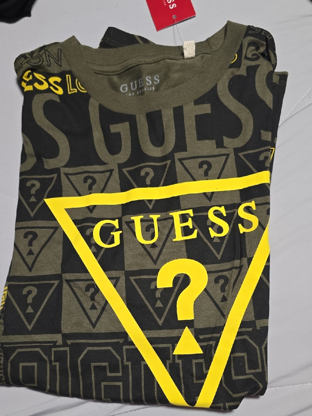 Guess Olive Green & Bright Yellow Logo Graphic Tee